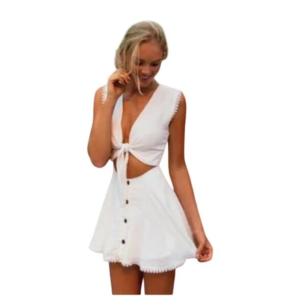 Peixoto Other - 159. Peixoto Boho Sofi Dress Coconut Stripe Cutout Mini Dress SZ M White Lace